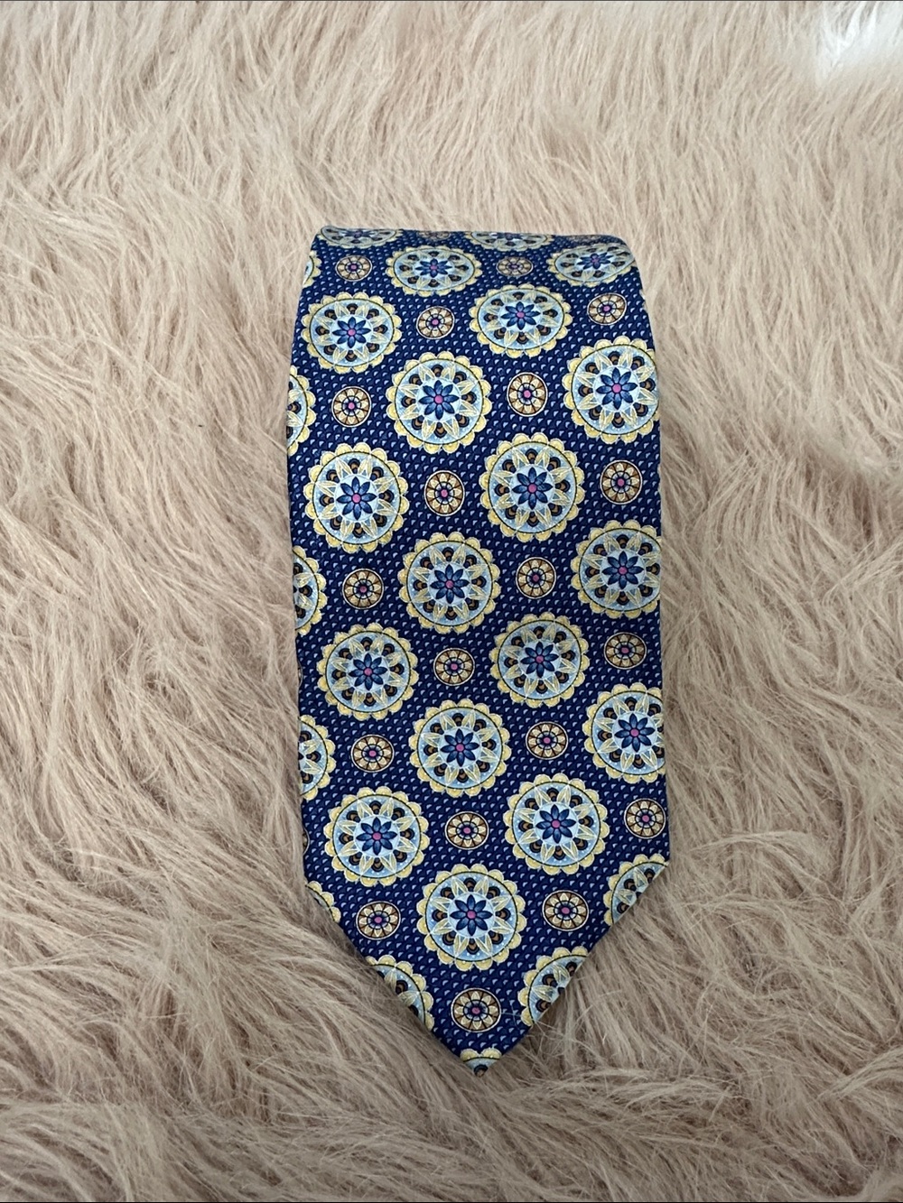 Robert Talbott Blue Medallion Silk Tie with Gold and White Accents